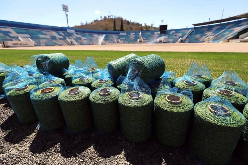 Así son los rollos de la grama que será colocada al completo sobre el terreno del estadio Nacional Chelato Uclés.