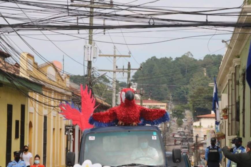 El en desfile también se rindió homenaje al ave nacional de Honduras, la Guacamaya Roja.