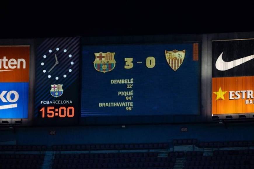 El marcador final que quedó grabado en el Camp Nou: Barcelona 3-0 Sevilla.