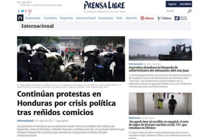 Prensa Libre de Guatemala: 'Continúan protestas en Honduras por crisis política tras reñidos comicios'.