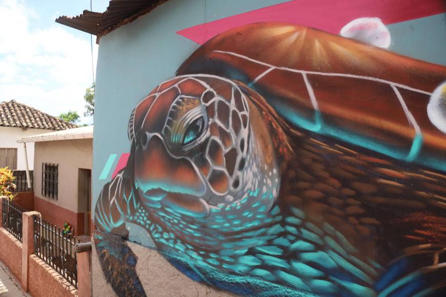 Una hermosa tortuga marina también resalta en uno de los murales, esa especie se puede observa en el Oceano Atlántico.
