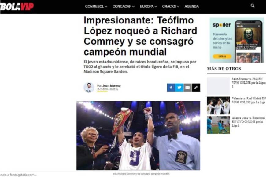 Bolavip de Perú - 'Impresionante: Teófimo López noqueó a Richard Commey y se consagró campeón mundial'.