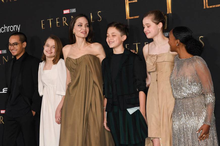 Angelina Jolie llamó la atención de los fotógrafos en la alfombra roja con un elegante vestido marrón y un curioso adorno en su barbilla.