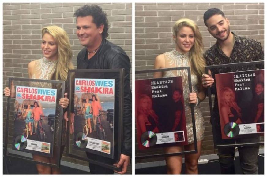 Shakira posa con Carlos Vives y Maluma por el éxito que han tenido 'La Bicicleta' y 'Chantaje'.