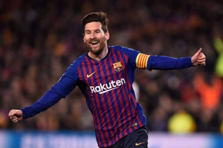 Barcelona's Argentinian forward Lionel Messi celebrates after scoring during the UEFA Champions League quarter-final second leg football match between Barcelona and Manchester United at the Camp Nou stadium in Barcelona on April 16, 2019. (Photo by Josep LAGO / AFP)