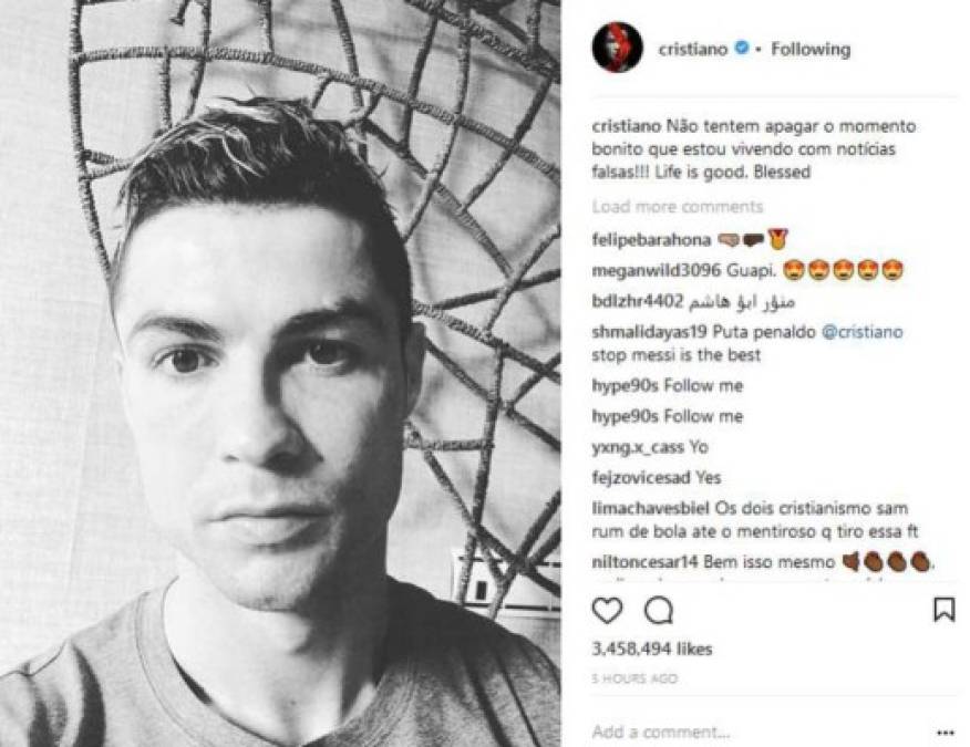 Este fue el mensaje de CR7 en su cuenta de Instagram tras la noticia de que había sido demandado por la brasileña.