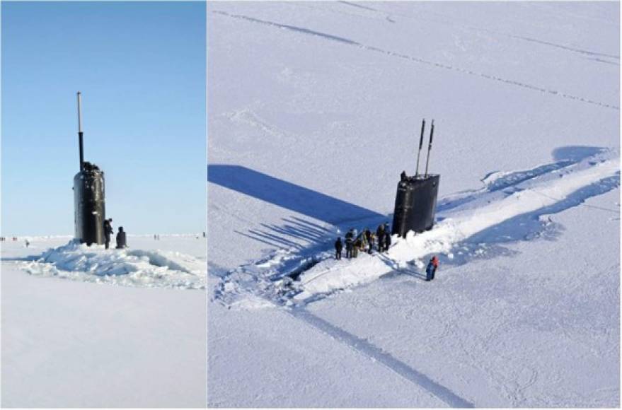 La Marina Estadounidense divulgó imágenes del impactante momento en que el submarino nuclear estadounidense USS Hartford rompe una gruesa capa de hielo oceánico al emerger en el círculo polar ártico.