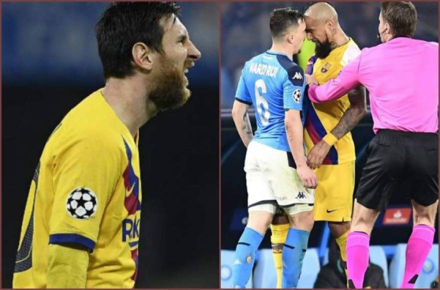 Mira las imágenes más curiosas del empate 1-1 entre Napoli y Barcelona correspondiente a la ida de octavos de la Uefa Champions League. Messi fue perdonado, Arturo Vidal fue expulsado. Fotos EFE y AFP.