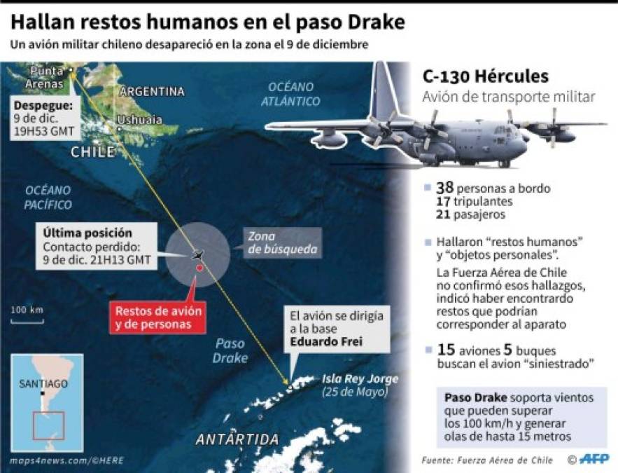 Los restos del avión, un Hércules C-130, comenzaron a ser encontrados a partir del miércoles en una de las áreas de búsqueda sobre las tormentosas agua del mar al sur del continente americano.