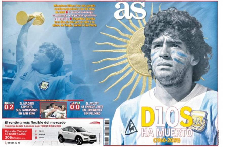 La portada del diario español As, a doble página. 'D10S ha muerto'.