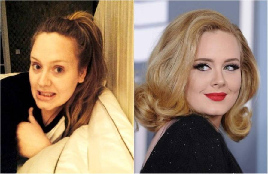 ADELE Tiene cara de muñeca pero, cuando se olvida de maquillarse aparece la verdadera imagen de la cantante. La inglesa es muy cuidadosa de salir a la calle siempre presentable, pero en ocasiones los paparazzi la pescan in fraganti.