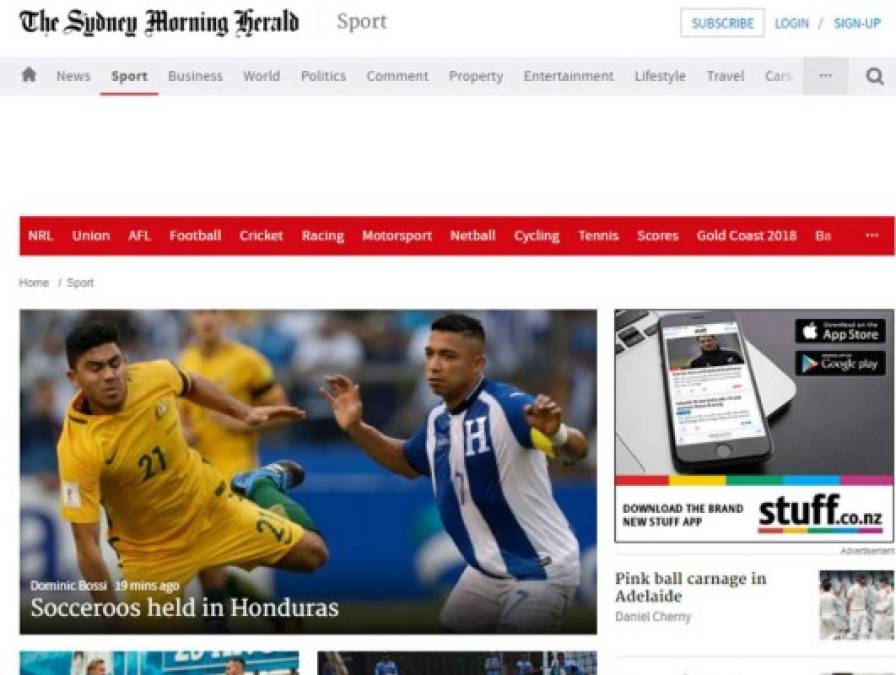 El diario The Sydney Morning Herald de Australia: 'Socceroos detenidos en Honduras'. 'Escaparon ilesos de 'The Tomb' (La Tumba), pero no se acercan a Rusia después de empatar a cero contra Honduras en el Estadio Olímpico'.