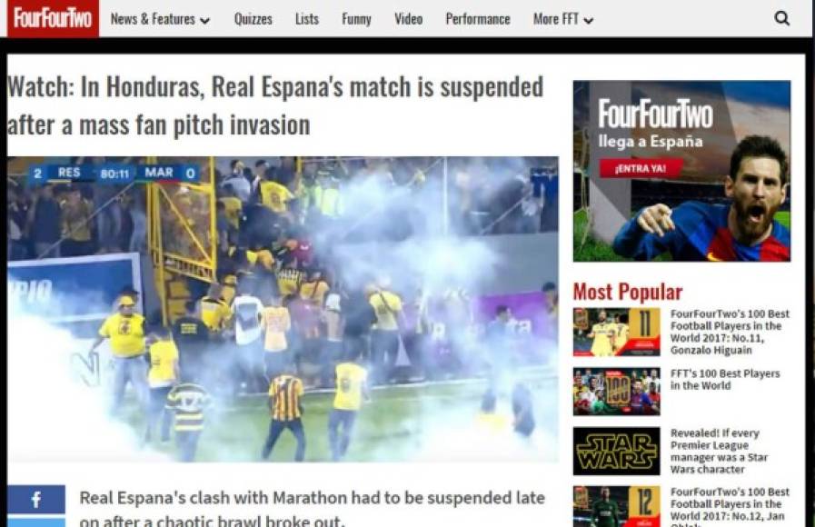 La prestigiosa revista Four Four Two de Inglaterra: 'El choque de Real España contra Marathon tuvo que ser suspendido después de que estallara una pelea caótica'.