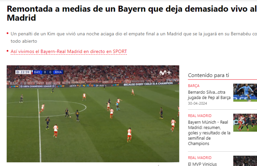 “Remontada a medias de un Bayern que deja demasiado vivo al Madrid”, Sport de España.