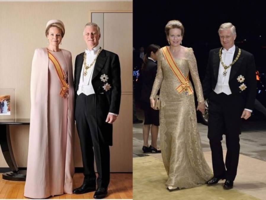 El rey Felipe y la reina Mathilde de Bélgica durante la ceremonia y más tarde durante el banquete de gala en el Palacio Imperial de Tokio.