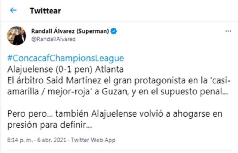 Periodista tico Randall Álvarez de ESPN - “El árbitro Said Martínez el gran protagonista en la 'casi-amarilla / mejor-roja' a Guzan, y en el supuesto penal“.