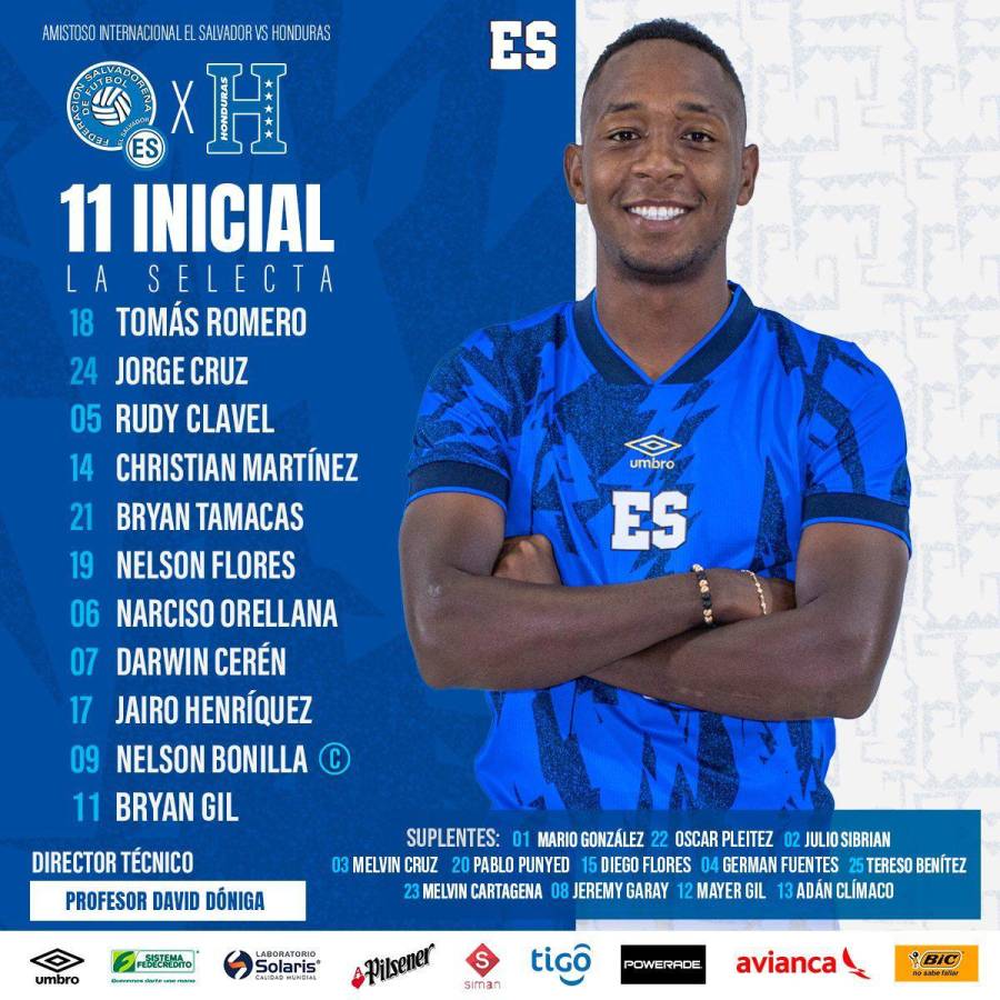 Alineación de El Salvador para su amistoso ante Honduras.