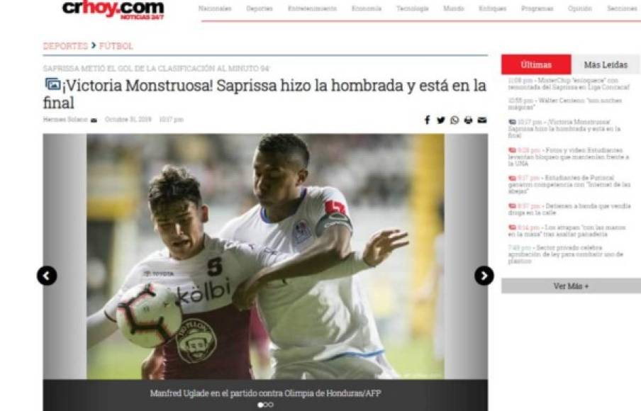 CRHoy.com: '¡Victoria Monstruosa! Saprissa hizo la hombrada y está en la final'.