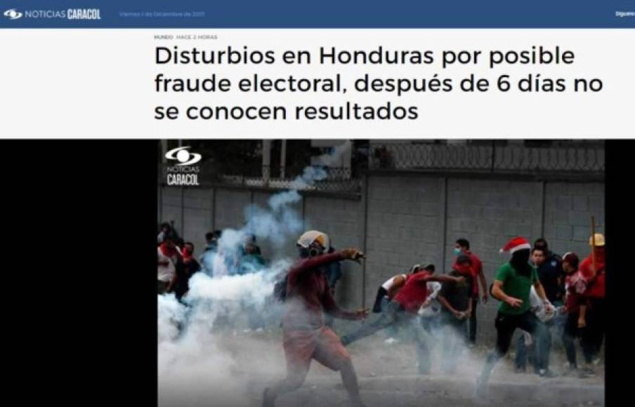 Noticias Caracol de Colombia: 'Disturbios en Honduras por posible fraude electoral, después de 6 días no se conocen resultados'.