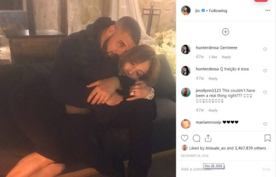 Drake<br/>2017<br/><br/>J Lo y Drake compartieron fotos juntos en las redes sociales, asistieron a una fiesta con tema de graduación en la que fueron vistos besándose, todo indicaba que estaban en algo. La cantante incluso discutió su naciente relación en la alfombra roja de los Grammys, y le dijo a Ryan Seacrest que 'lo pasaron muy bien' juntos. Al final todo quedó en una en una breve aventura.