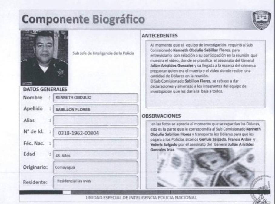 Ficha del subcomisionado Kenneth Obdulio Sabillón, señalado en el caso de la muerte de Arístides González, según publicación de The New York Times atribuida a un informe de la Inspectoría General de la Policía de Honduras.