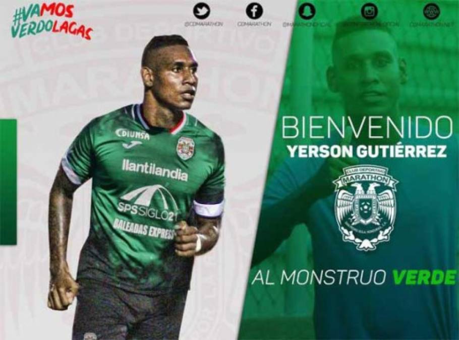 Yerson Gutiérrez: El delantero colombiano es nuevo refuerzo del club Deportivo Marathón, llega procedente del Honduras Progreso.