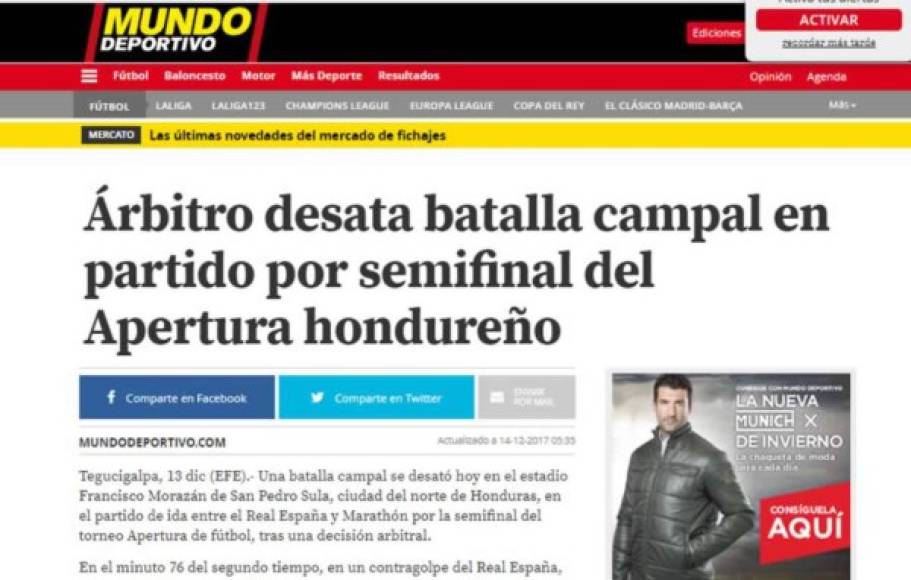 Mundo Deportivo de España: 'Árbitro desata batalla campal en partido por semifinal del Apertura hondureño'.