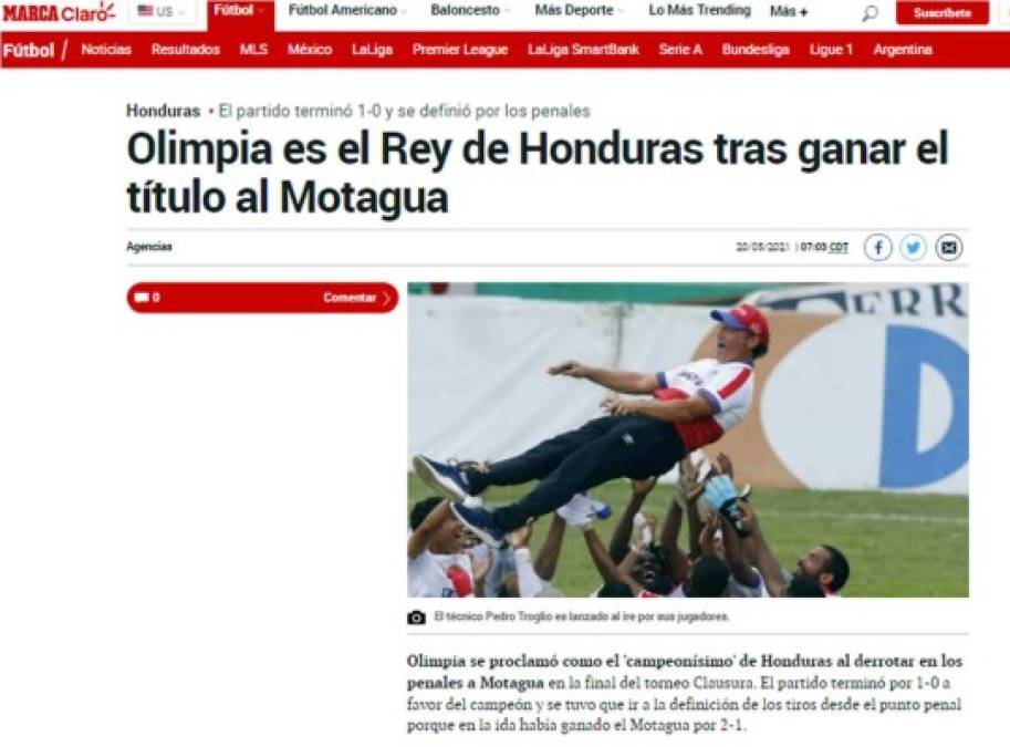 Diario Marca - “Olimpia es el Rey de Honduras tras ganar el título al Motagua”.