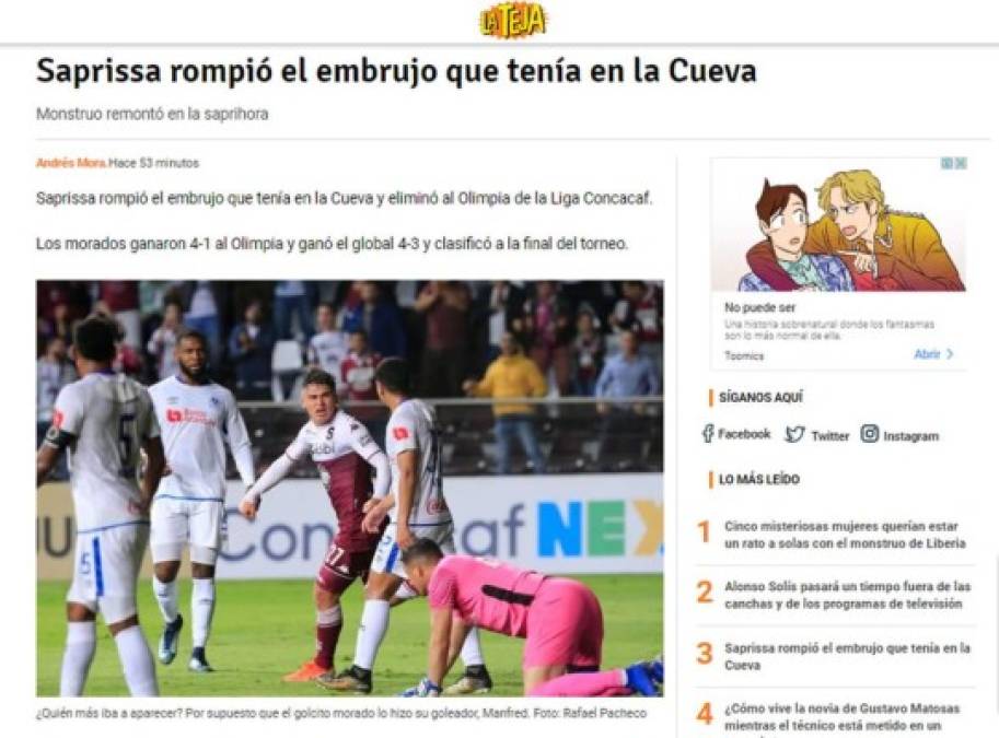 La Teja de Costa Rica: 'Saprissa rompió el embrujo que tenía en la Cueva y eliminó al Olimpia'.