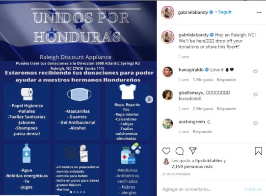 Gabriela ha usado sus redes sociales para recolectar ayuda en EEUU para los afectados de Eta e Iota en Honduras, junto a otras personalidades y catrachos.