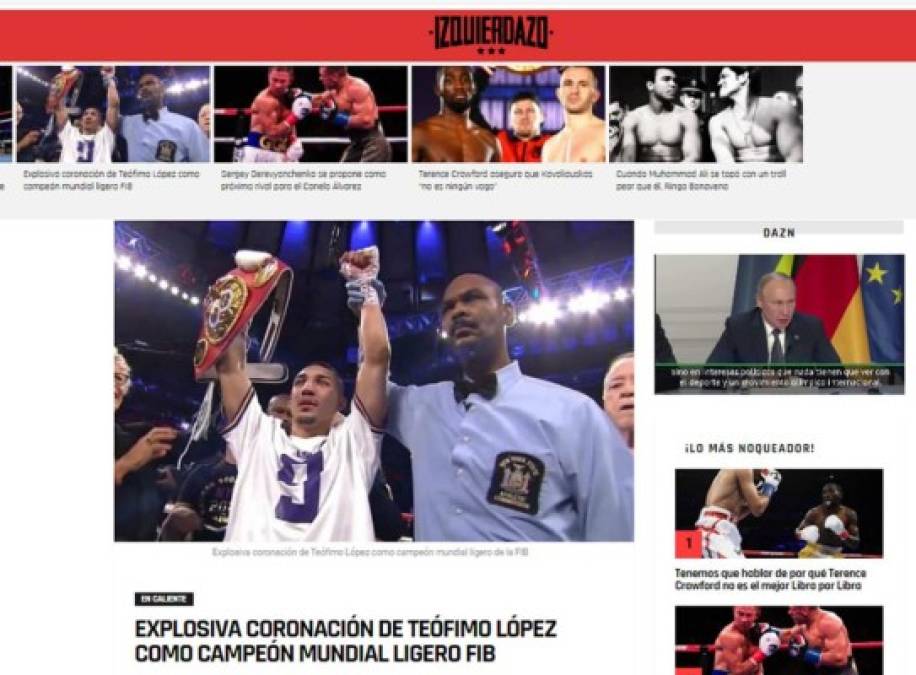 Izquierdazo - 'Explosiva coronación de Teófimo López como campeón mundial ligero FIB'. 'Teófimo López hizo historia, y de forma contundente, al noquear en el segundo round al ghanés Richard Commey'.