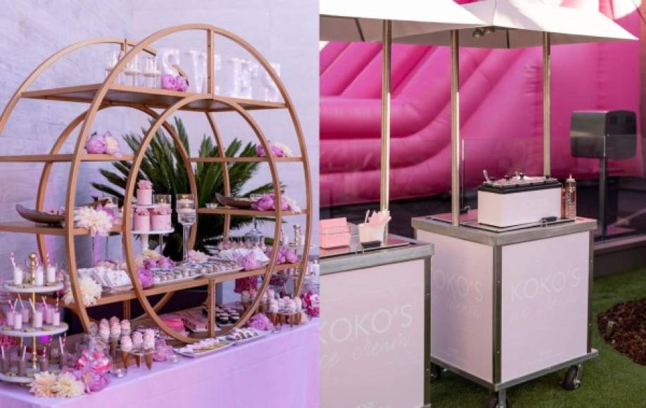 En la galería Khloé mostró innumerables globos rosados ​​con su apodo 'KOKO', así como arreglos en forma de corazón flotando en la piscina. Galletas rosadas, pasteles y helados hechos a medida para su cumpleaños.