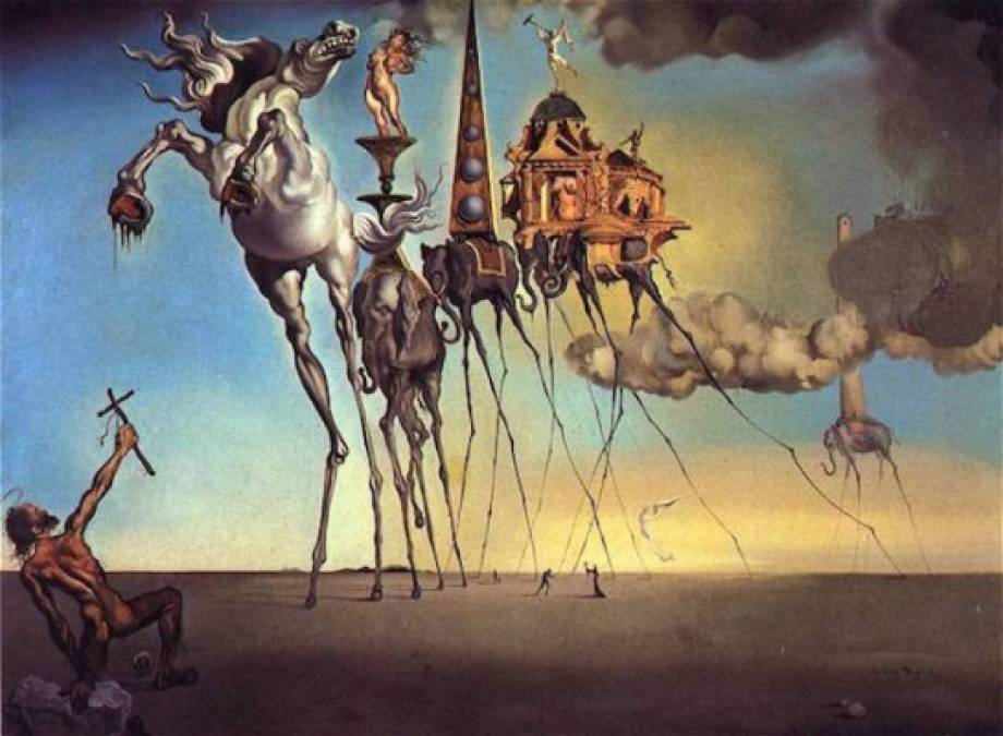 LA TENTACIÓN DE SAN ANTONIO (1946)<br/>Además del tema religioso (representado por la cruz), Dalí combina las formas. En esta obra respeta las proporciones normales en el cuerpo del hombre desnudo, que contrasta con las patas descomunalmente largas de los animales representados.