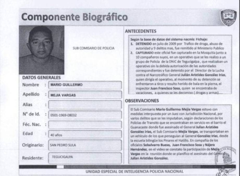 Ficha del subcomisario de Policía Mario Guillermo Mejía Vargas, señalado en el caso de la muerte de Arístides González, según publicación de The New York Times atribuida a un informe de la Inspectoría General de la Policía de Honduras.