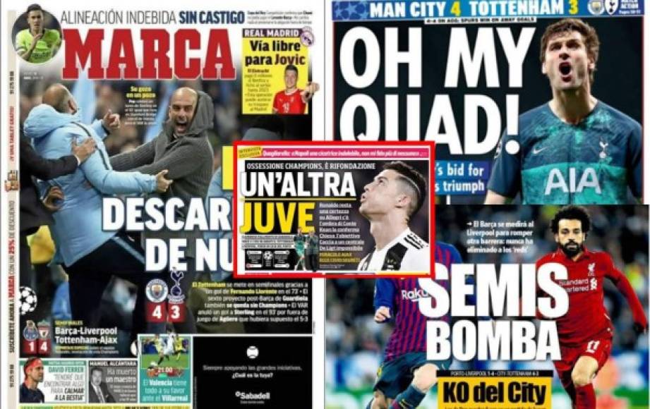 La eliminación del Manchester City de Pep Guardiola en la Champions League, el duelo de semifinales Barça-Liverpool y Cristiano Ronaldo copan las portadas deportivas de este jueves 18 de abril de 2019.