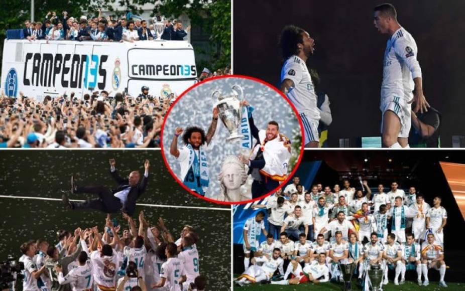 Los jugadores del Real Madrid festejaron la decimotercera Champions League con los aficionados merengues en la Plaza Cibeles y terminaron la fiesta en el estadio Santiago Bernabéu.