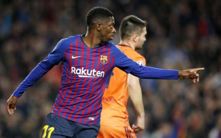 Ousmane Dembélé celebrando su gol contra el Lyon.