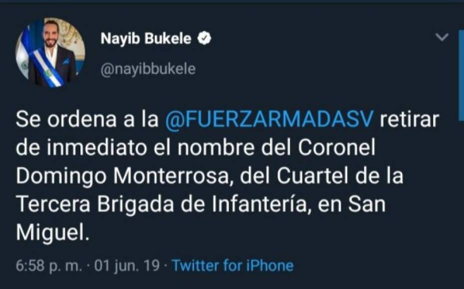 Bukele, que al igual que el presidente estadounidense Donald Trump, es un fanático de Twitter, dio su primera orden ejecutiva a través de dicha red social al solicitar a las Fuerzas Armadas salvadoreñas borrar el nombre de un teniente acusado de la masacre en El Mozote de un cuartel.