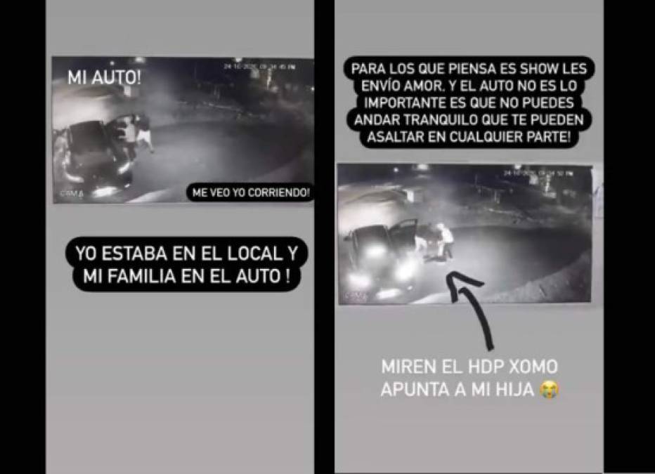 La modelo compartió los videos del momento exacto en que delincuentes le robaron su lujoso vehículo Porsche Macan la noche del sábado en el sector de Chicureo.<br/><br/>En las imágenes se observa que dos sujetos bajan a las personas del Porsche. Uno de los individuos incluso apunta a la hija de Daniella con una pistola, mientras ésta sale arrastrándose del carro, antes de que se lo lleven.