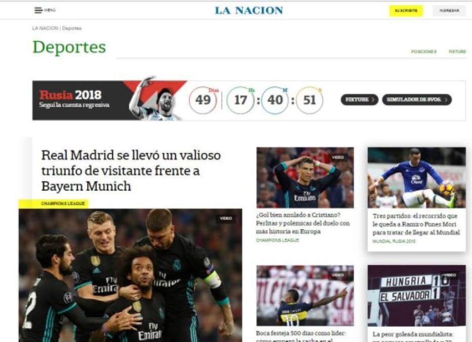 La Nación de Argentina: 'Real Madrid se llevó un valioso triunfo de visitante frente a Bayern Munich'.