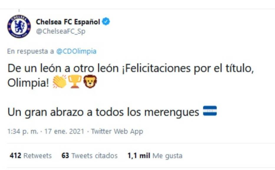 La cuenta oficial del Chelsea de Inglaterra sorprendió al dejar su mensaje de felicitación para el Olimpia.