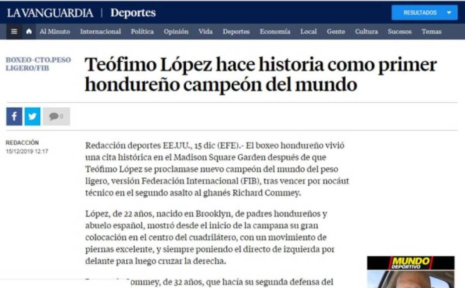 La Vanguardia de España - 'Teófimo López hace historia como primer hondureño campeón del mundo'.