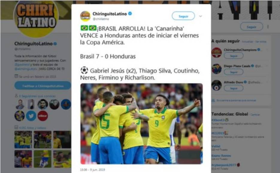 El Chiringuito - '¡Brasil arrolla! La 'Canarinha' vence a Honduras antes de iniciar el viernes la Copa América. Brasil 7 - 0 Honduras'.