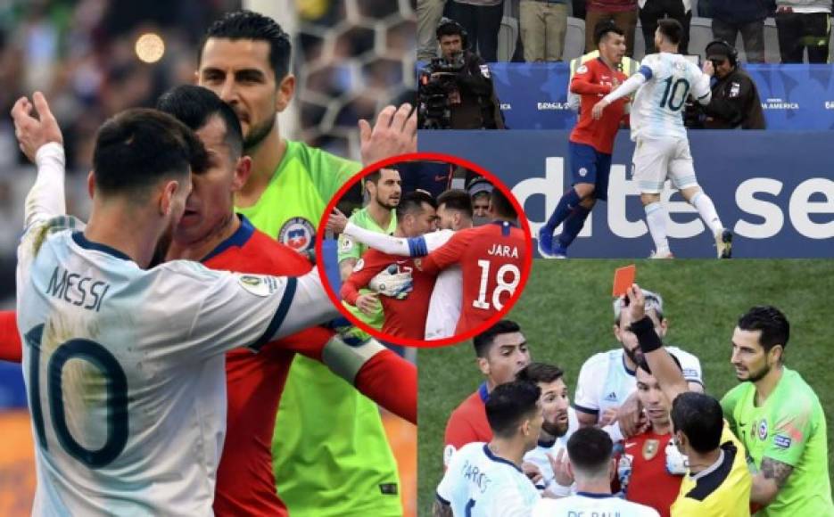 Las imágenes de la pelea que protagonizaron Lionel Messi y Gary Medel en el partido Argentina-Chile por el tercer lugar de la Copa América 2019. Ambos fueron expulsados. Foto AFP y EFE