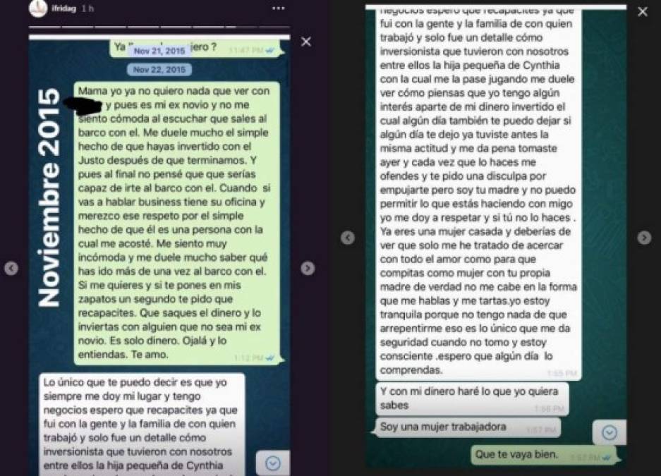 En el más reciente de sus ataques, luego de que Alejandra Guzmán le dijera que ella tiene su número y cuando quiera la puede llamar y arreglar las cosa en casa, Frida volvió a la carga publicando una supuesta conversación con 'La Guzmán'.<br/><br/>Aunque lo que Frida quería demostrar era que su madre andaba con otro de sus exnovios de esa época (Luis Escamilla), salta a la vista como Ale le pregunta si había estado bebiendo.<br/><br/>