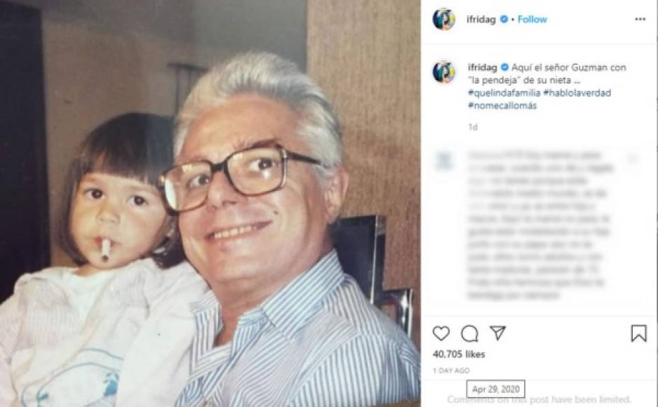 Frida no se quedó callada y decidió responder publicando una foto en Instagram, que la muestra de niña con un cigarro en la boca junto a su abuelo. 'Aquí el señor Guzmán con la pend&%@' de su nieta...', escribió.