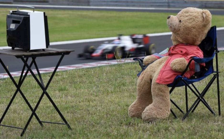 FÓMRMULA 1. Foto curiosa. Un oso de peluche colocado ante una televisión durante la segunda sesión de entrenamientos libres para el Gran Premio de Hungría de Fórmula Uno en el circuito Hungaroring, al noreste de Budapest. Foto: EFE/Tamas Kovacs