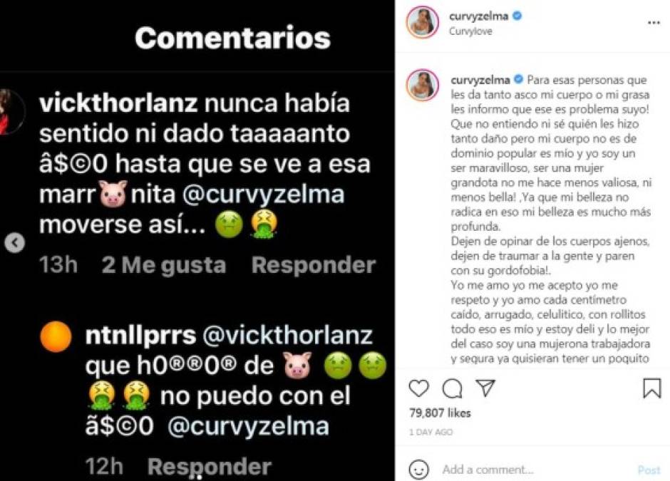 'Para esas personas que les da tanto asco mi cuerpo o mi grasa les informo que ese es problema suyo! Que no entiendo ni sé quién les hizo tanto daño, pero mi cuerpo no es de domino popular, es mío y es maravilloso”.