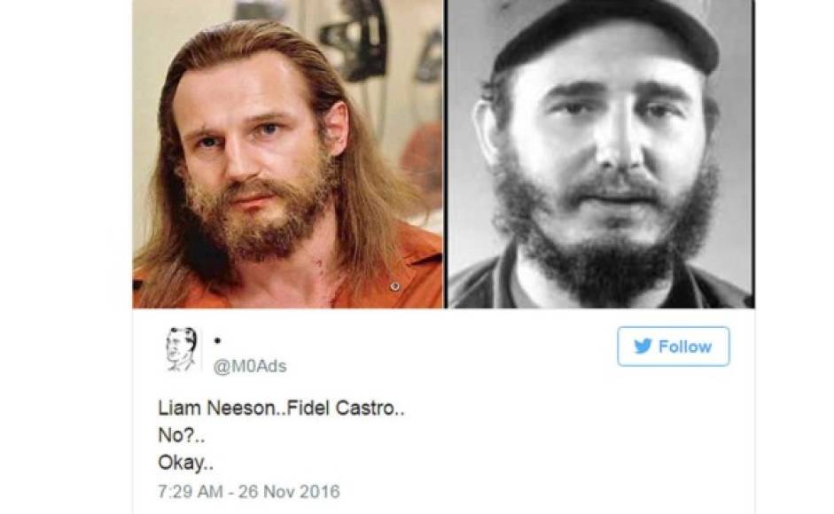 Las siguientes imágenes comparativas de los dos famosos, muestra al Fidel Castro joven, con su barba negra y con su imponente presencia.