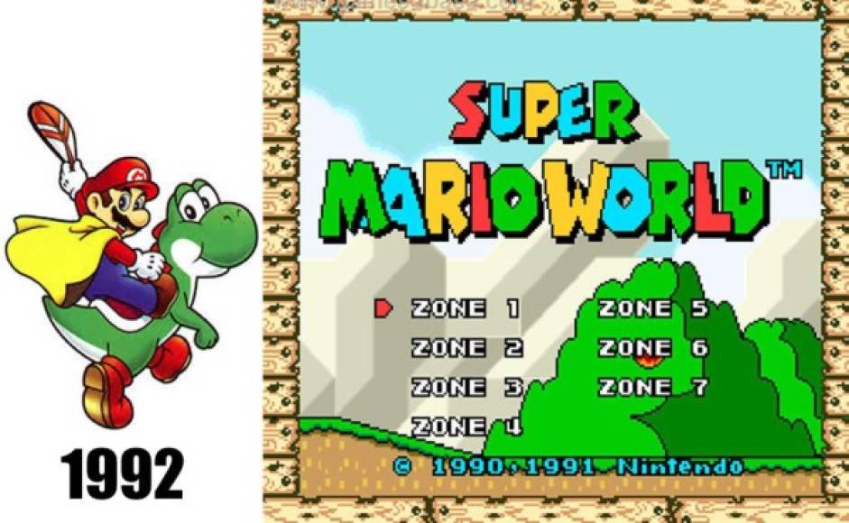 Para 1992 Nintendo lanza Super Mario World (El mundo de Super Mario). Mario también puede volar, solo que ahora con una capa. Los gráficos mejoraron notoriamente y no hay que olvidar que aparece Yoshi.